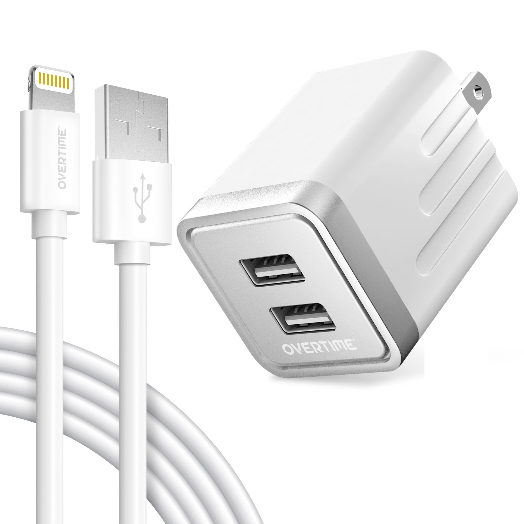 Overtime iPhone Charger Set | Apple MFi Certified Lightning Cable 6ft with Dual USB Wall Charger Adapter - White Charging Cable - Tophatter Daily Deals