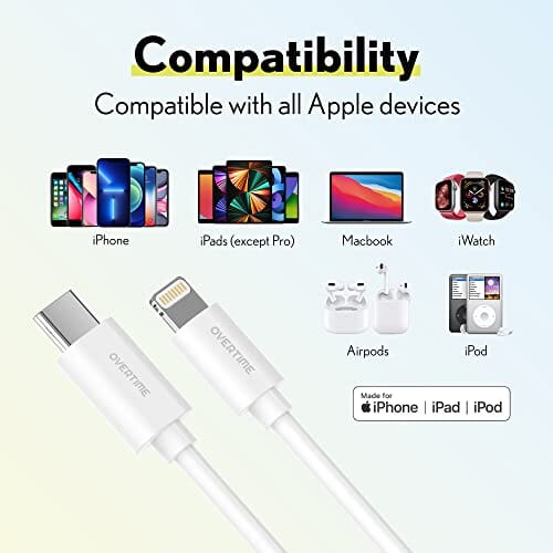 Overtime iPhone MFI Certified 10ft USB-C to Lightning Charging Cable Charging Cable - Tophatter Daily Deals