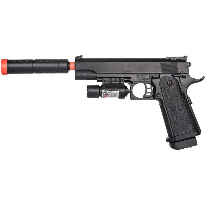 P2001C Model Spring Airsoft Pistol with Mock Suppressor & Laser - TOPHATTER'S ARMORY DEALS Collectible Weapons - Tophatter Daily Deals