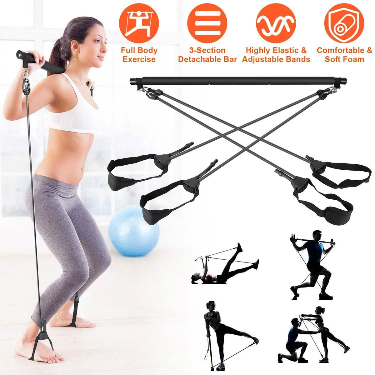 Pilates Bar Kit with 4 Resistance Bands Fitness & Exercise - Tophatter Daily Deals