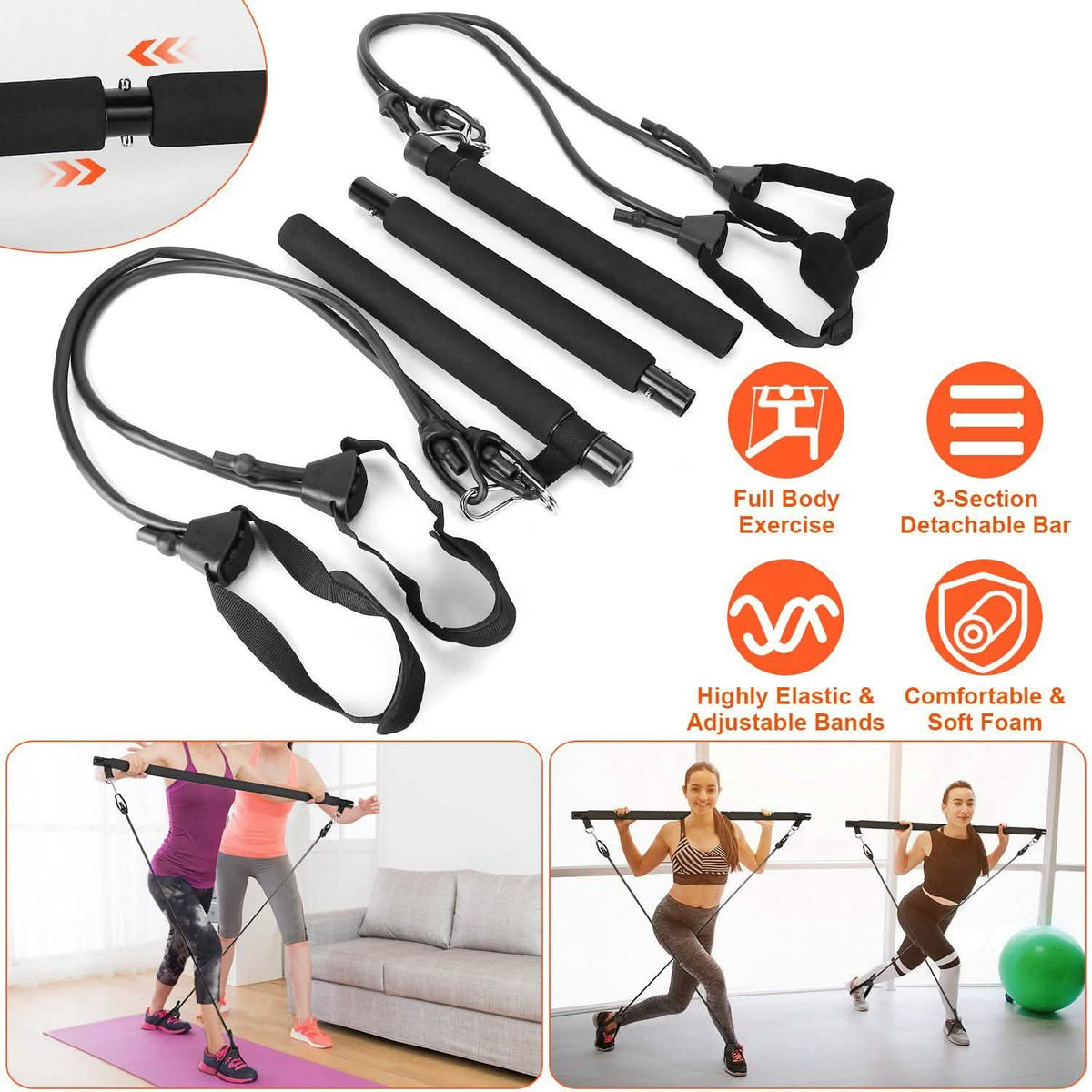 Pilates Bar Kit with 4 Resistance Bands Fitness & Exercise - Tophatter Daily Deals