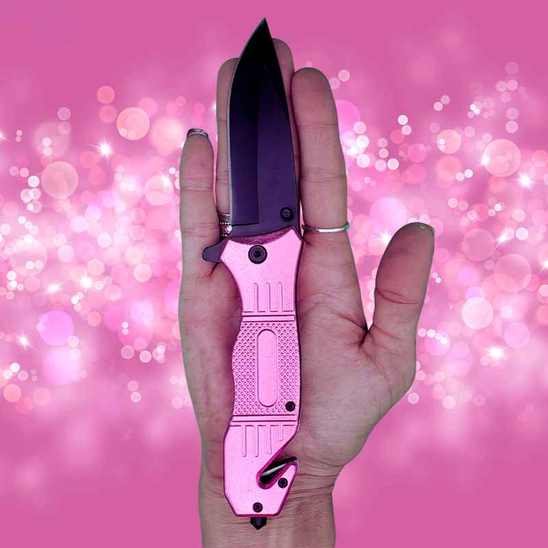 Pink Seatbelt Cutter & Glass Break Survival Drop Point Blade Knife Knives & Knuckles - Tophatter Daily Deals