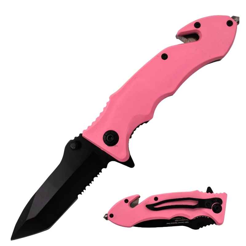 Pink Auto Safety Survival Tactical Knife Tanto Blade Knives & Knuckles - Tophatter Daily Deals