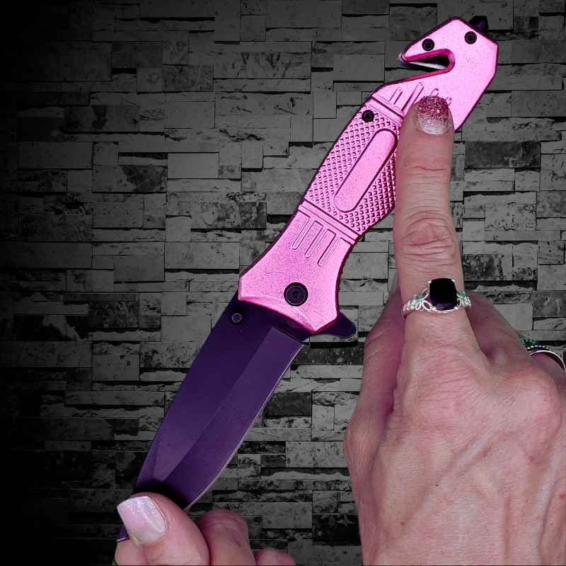 Pink Seatbelt Cutter & Glass Break Survival Drop Point Blade Knife Knives & Knuckles - Tophatter Daily Deals