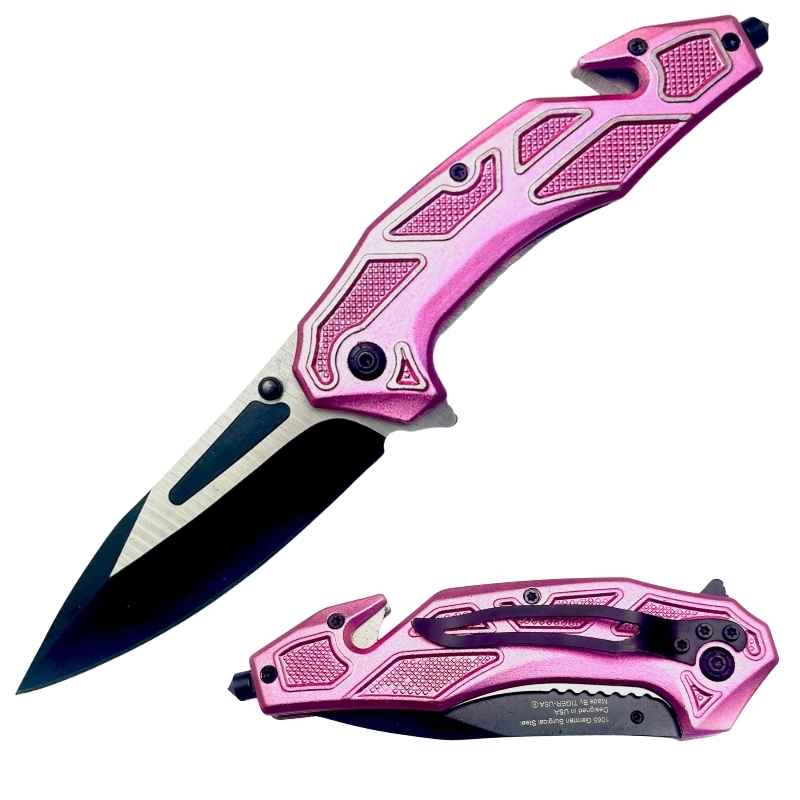 Pink Seatbelt Cutter & Glass Break Survival Drop Point Blade Knife Knives & Knuckles - Tophatter Daily Deals