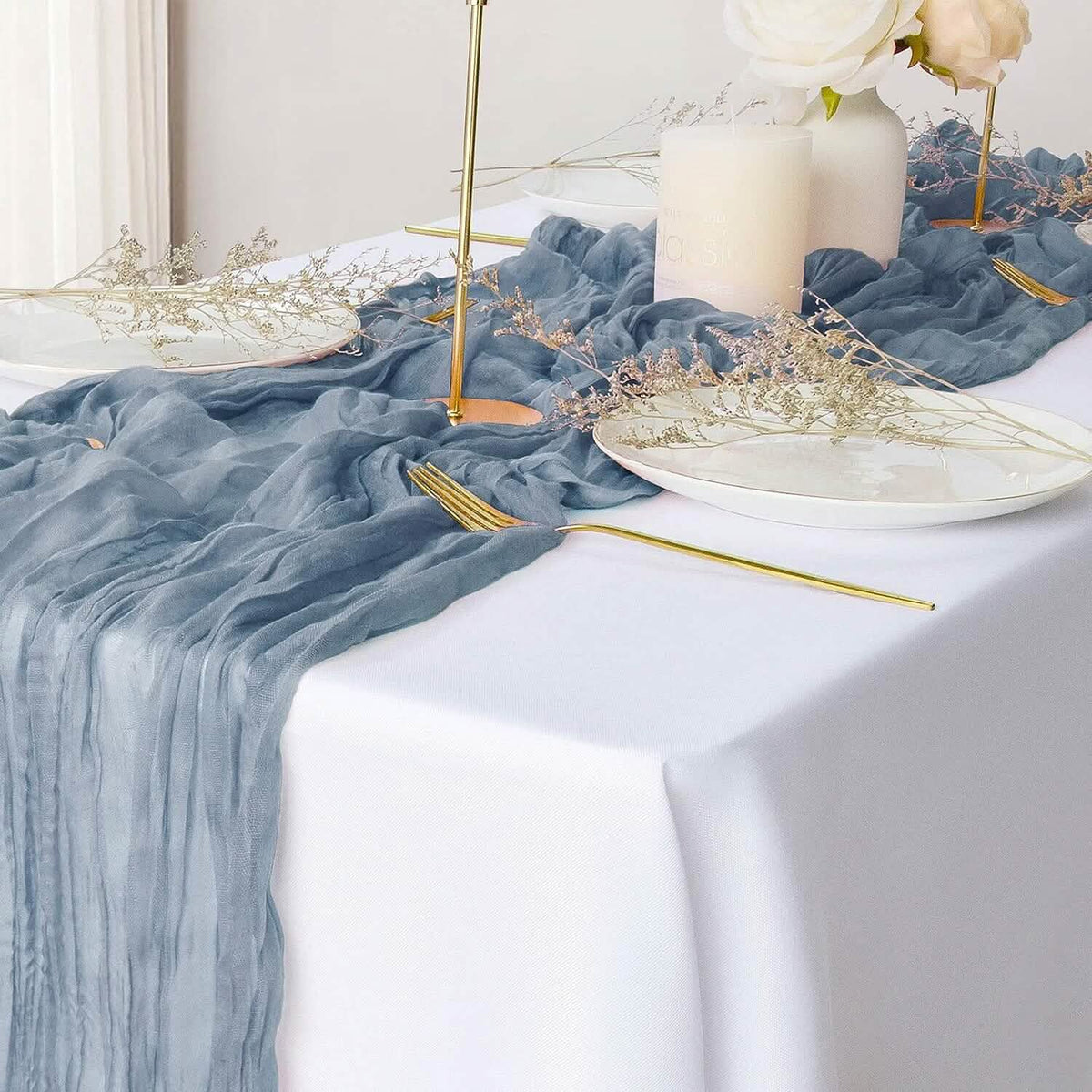 Polyester Crinkle Table Runner Dusty Blue Furniture & Decor - Tophatter Daily Deals