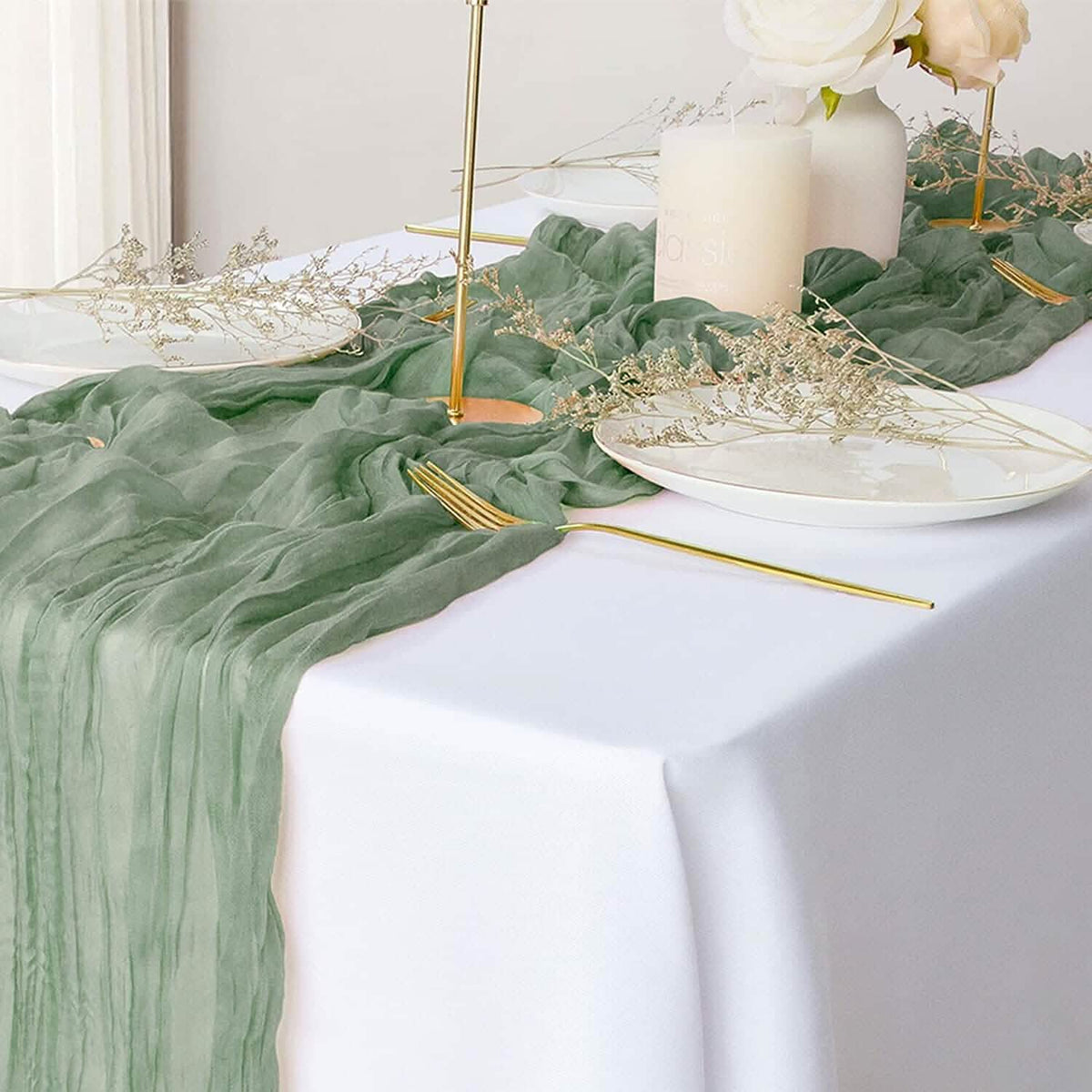 Polyester Crinkle Table Runner Sage Green Furniture & Decor - Tophatter Daily Deals