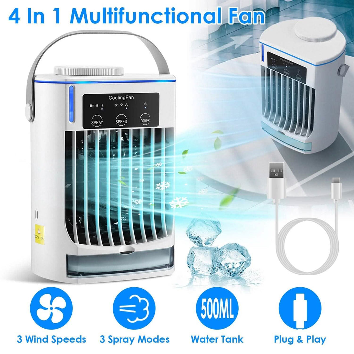 Portable Air Conditioner Fan Evaporative Humidifier 3 Speed Spray Household Appliances - Tophatter Daily Deals
