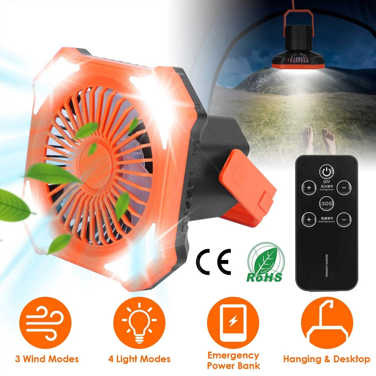 Portable Camping Lantern Fan 10000mAh Battery Powered with 4 Light Modes Outdoor Recreation - Tophatter Daily Deals