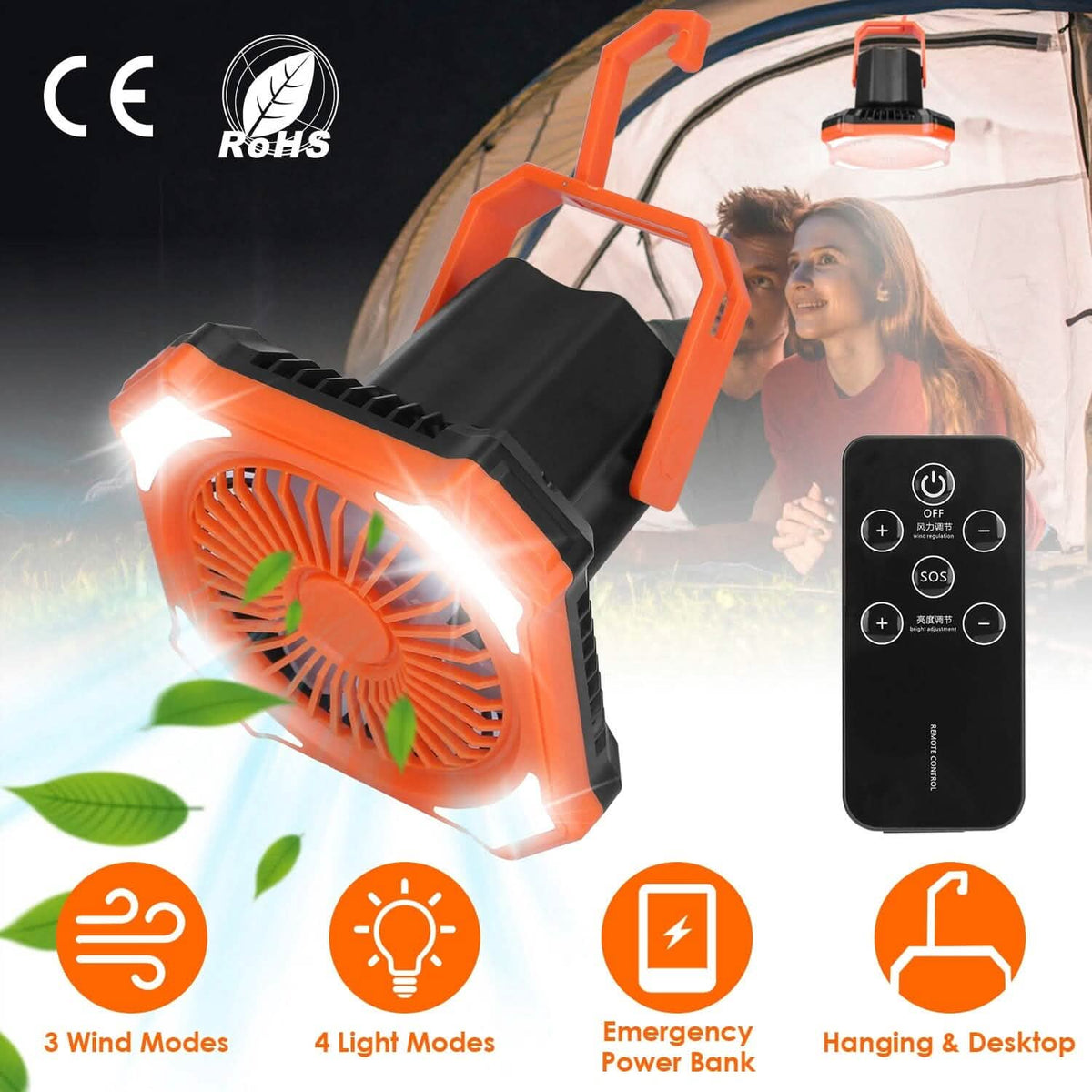 Portable Camping Lantern Fan 10000mAh Battery Powered with 4 Light Modes Outdoor Recreation - Tophatter Daily Deals