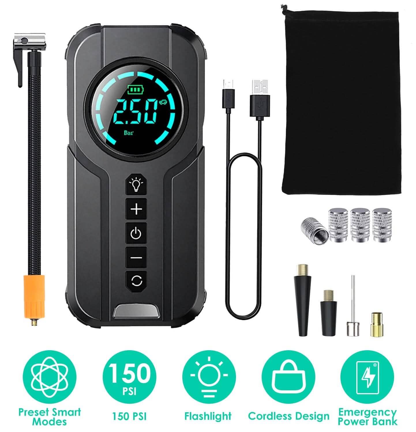 Portable Car Compressor Wireless Electric Air Pump 150 PSI with LED Light Automotive - Tophatter Daily Deals