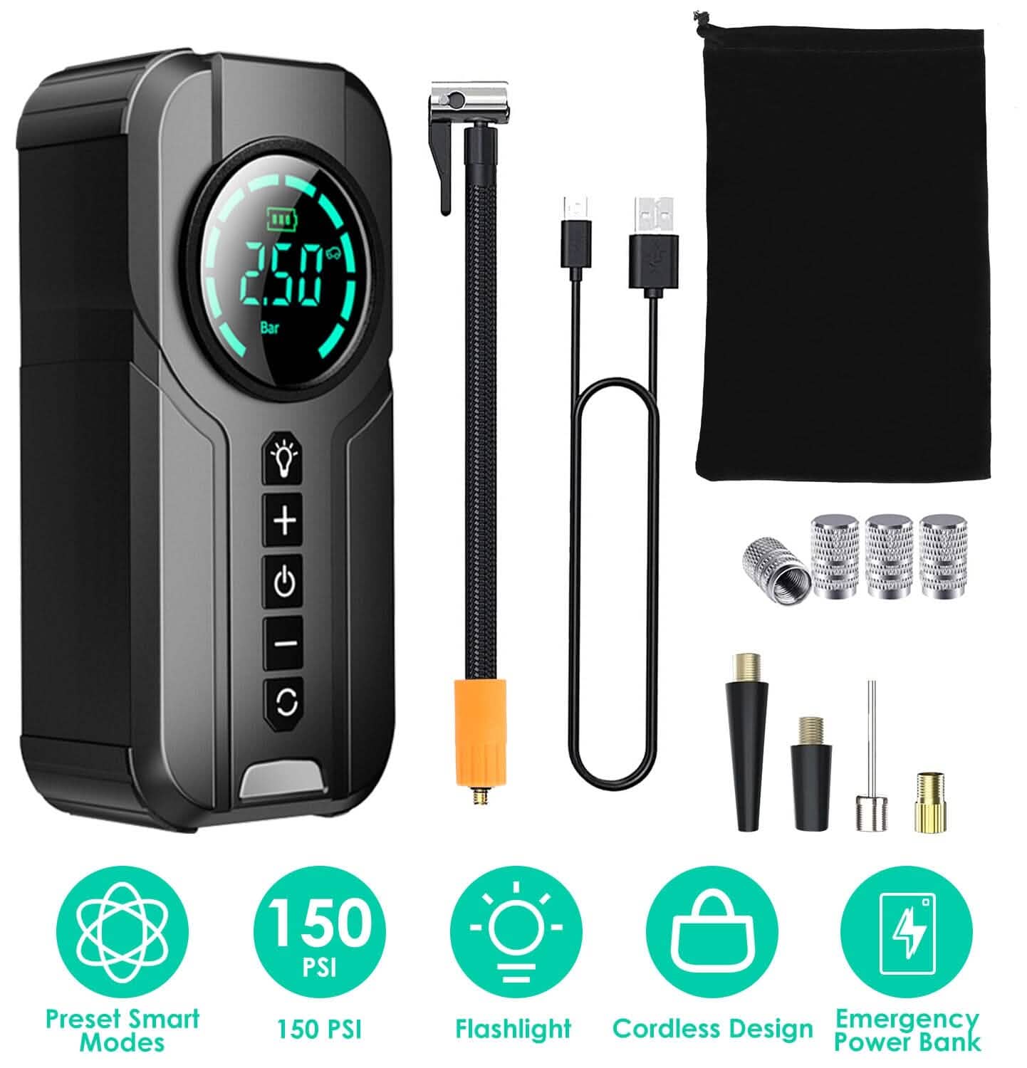 Portable Car Compressor Wireless Electric Air Pump 150 PSI with LED Light Automotive - Tophatter Daily Deals