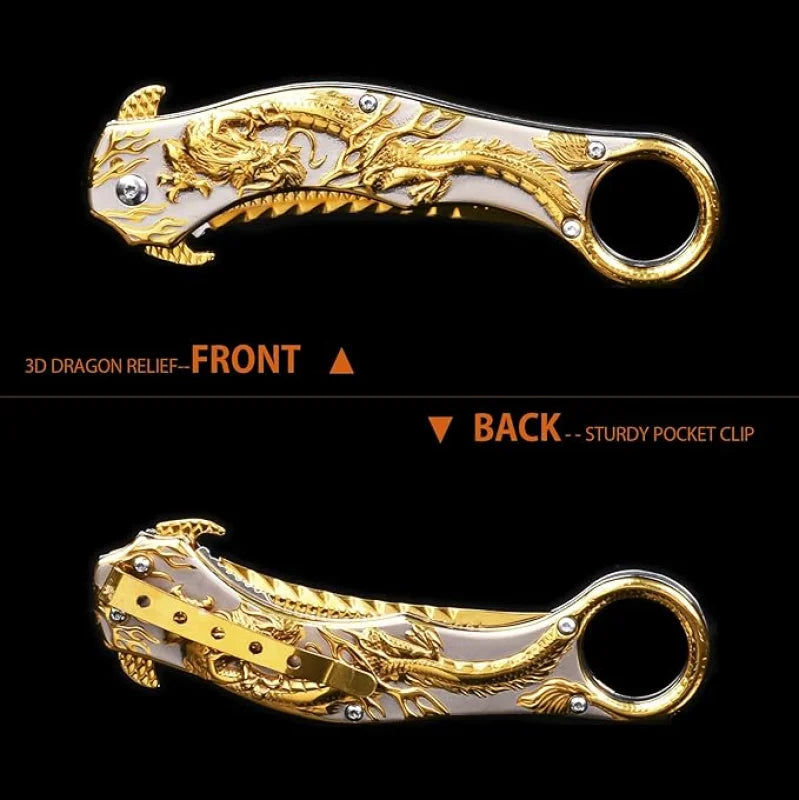 Portable folding knife with gold dragon relief design-GS14 BRASSKNUCKLE - Tophatter Daily Deals