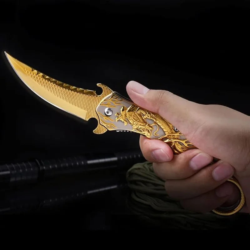 Portable folding knife with gold dragon relief design-GS14 BRASSKNUCKLE - Tophatter Daily Deals