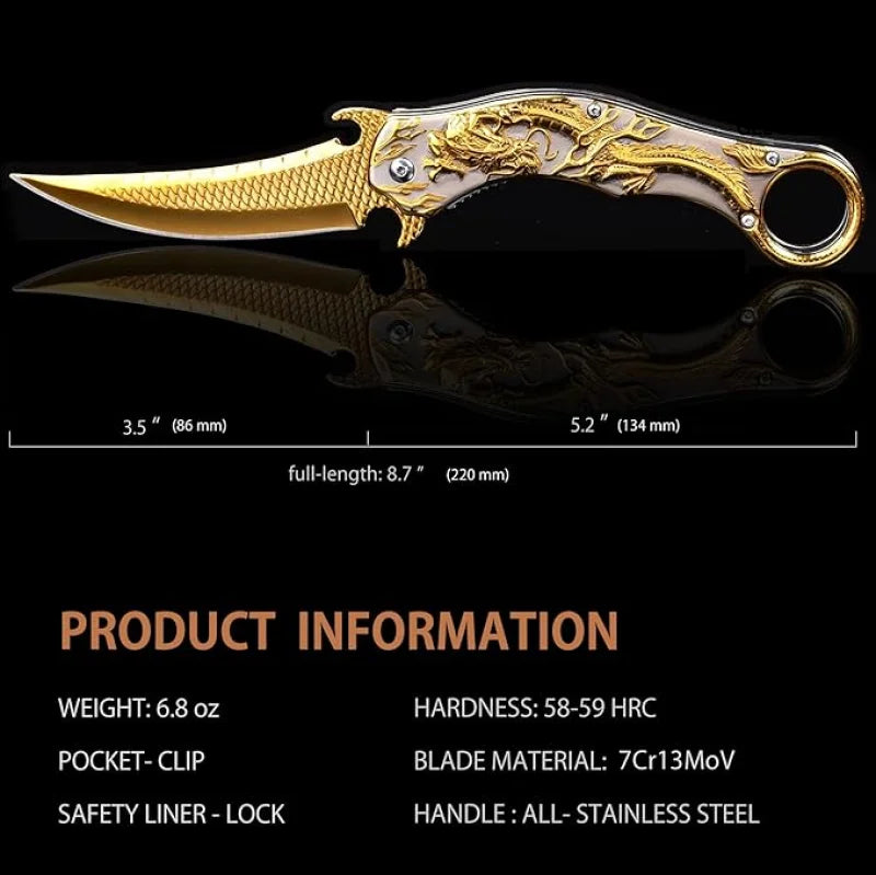 Portable folding knife with gold dragon relief design-GS14 BRASSKNUCKLE - Tophatter Daily Deals