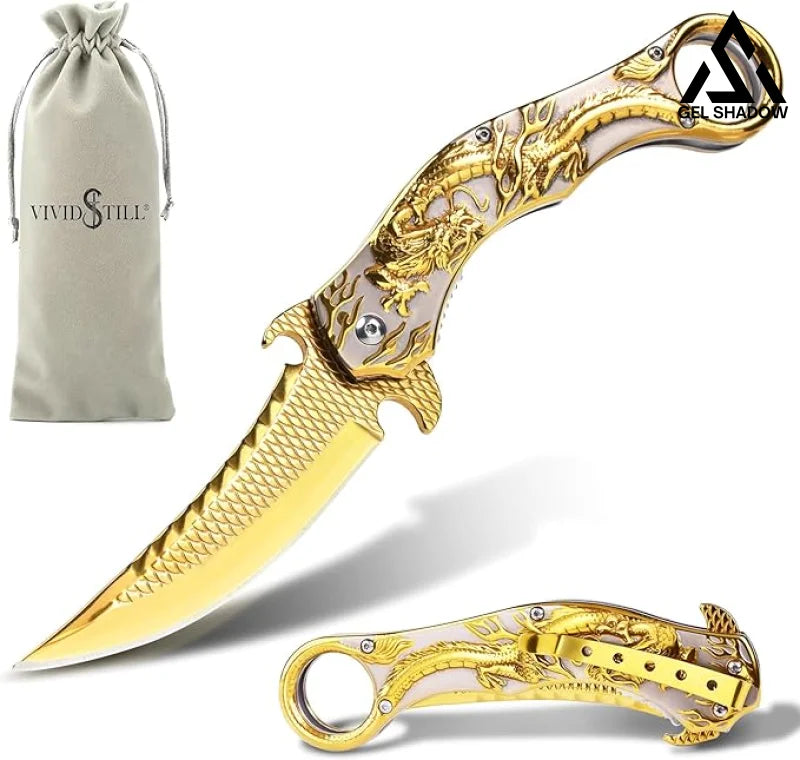 Portable folding knife with gold dragon relief design-GS14 BRASSKNUCKLE - Tophatter Daily Deals