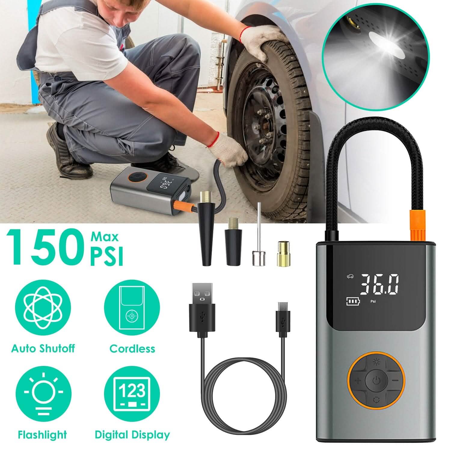 Portable Mini Tire Inflator with Digital Display LED Light Automotive - Tophatter Daily Deals