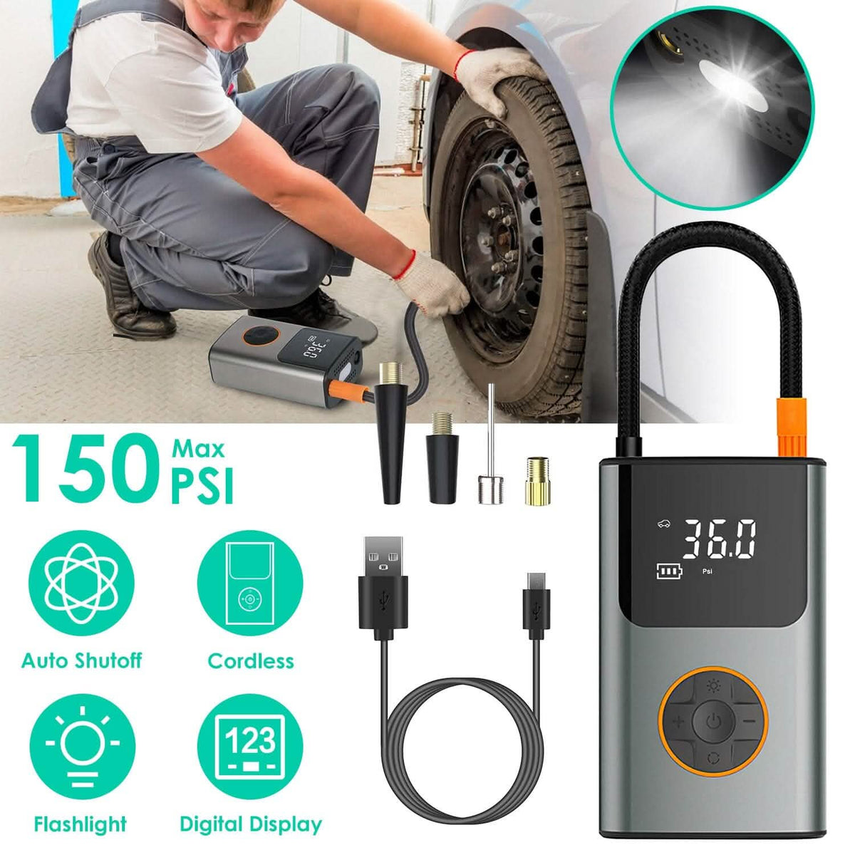 Portable Mini Tire Inflator with Digital Display LED Light Automotive - Tophatter Daily Deals