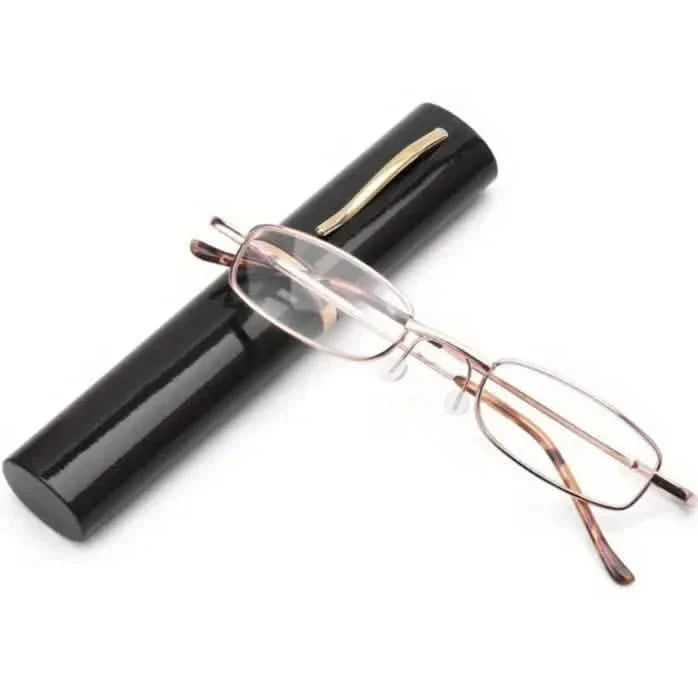 Portable Presbyopia Reading Glasses with Pen Tube Case - Unisex, Metal Frame, Spring Hinge, +1.00~+4.00, Plastic Lens 400 Health & Wellness - Tophatter Daily Deals