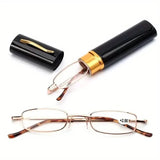 Portable Presbyopia Reading Glasses with Pen Tube Case - Unisex, Metal Frame, Spring Hinge, +1.00~+4.00, Plastic Lens Health & Wellness - Tophatter Daily Deals
