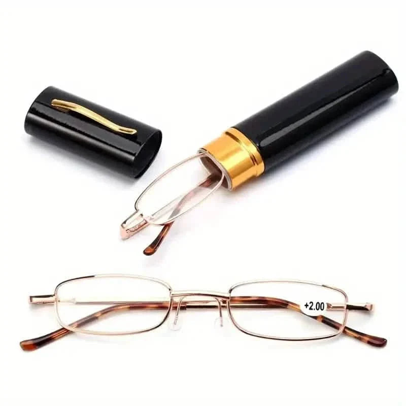 Portable Presbyopia Reading Glasses with Pen Tube Case - Unisex, Metal Frame, Spring Hinge, +1.00~+4.00, Plastic Lens Health & Wellness - Tophatter Daily Deals