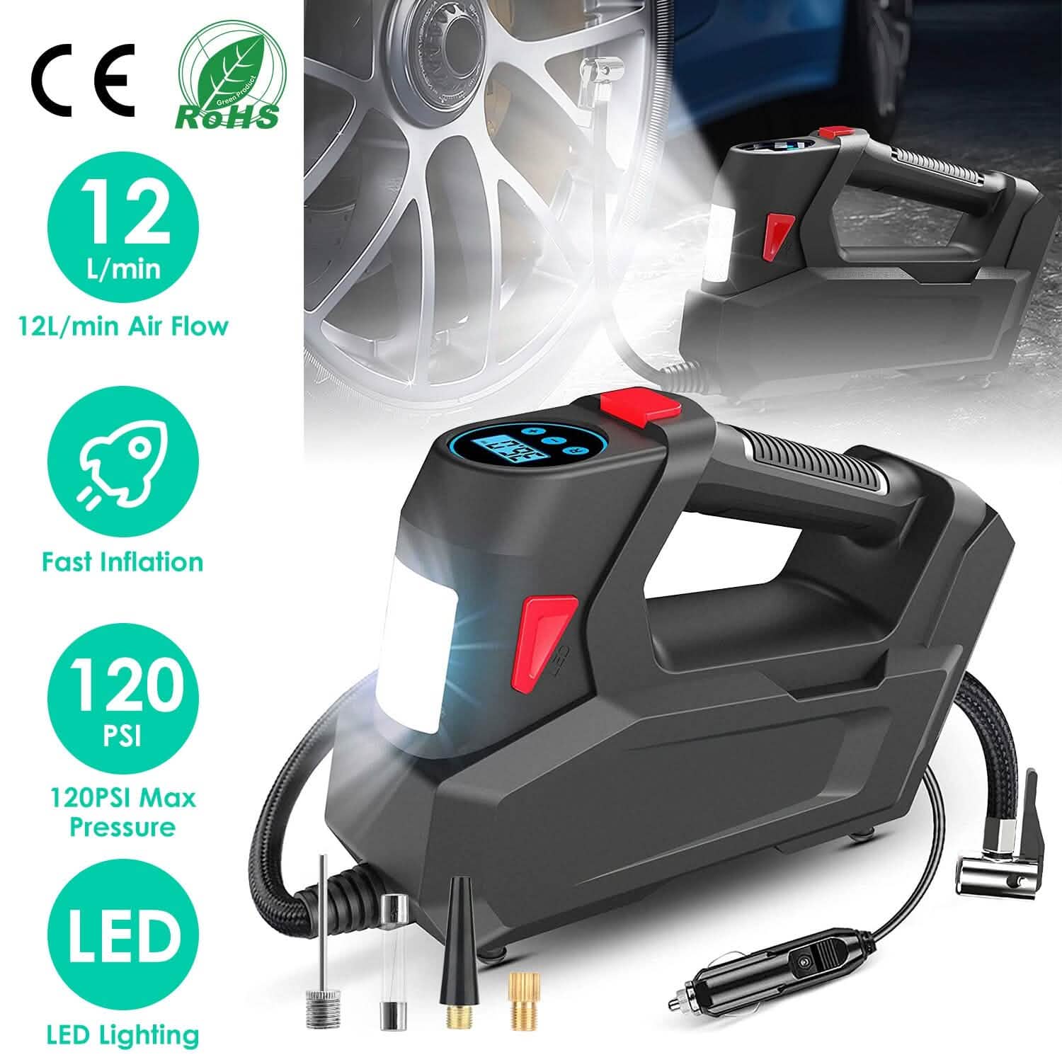 Portable Tire Inflator 120 PSI Maximum 90W Powered Tire Pump with Digital Display LED Automotive - Tophatter Daily Deals