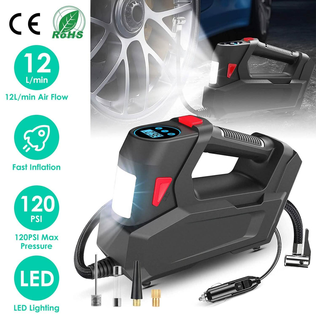 Portable Tire Inflator 120 PSI Maximum 90W Powered Tire Pump with Digital Display LED Automotive - Tophatter Daily Deals