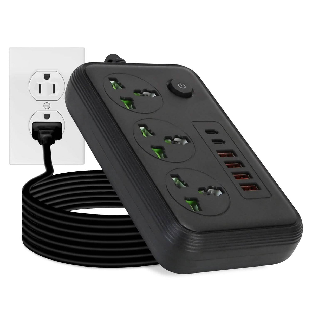 Power Strip with 5.9ft Extension Black 6-Port Batteries & Power Accessories - Tophatter Daily Deals