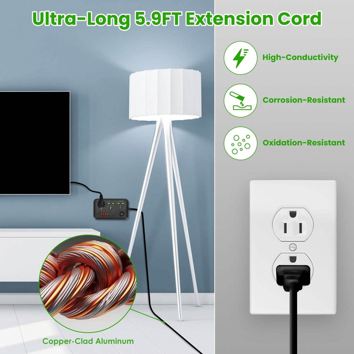 Power Strip with 5.9ft Extension Batteries & Power Accessories - Tophatter Daily Deals