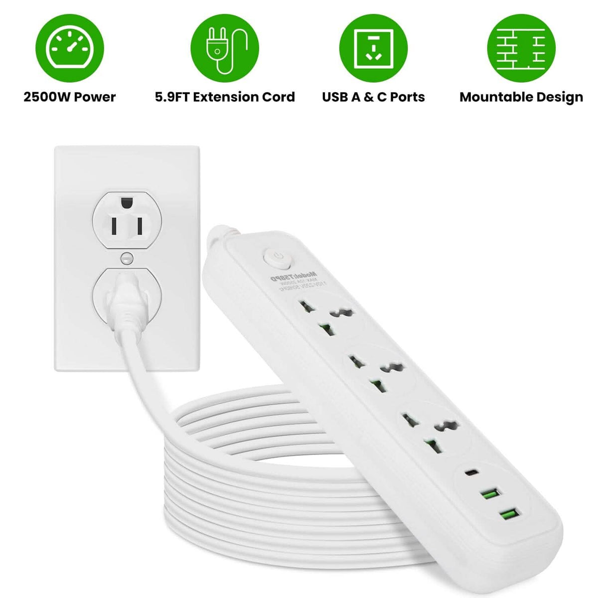 Power Strip with 5.9ft Extension Batteries & Power Accessories - Tophatter Daily Deals