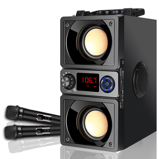 Portable Speaker Bluetooth 5.0 Outdoor Wireless 6D Surround Stereo FM Radio Microphone Support TF Card KTV Party Subwoofer With 2 Microphone - Tophatter Daily Deals