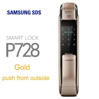 SAMSUNG SHP-DP728 Keyless BlueTooth Fingerprint PUSH PULL Two Way Digital Door Lock English Version Big Mortise gold push - Tophatter Daily Deals