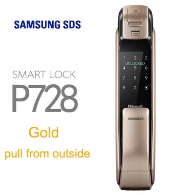 SAMSUNG SHP-DP728 Keyless BlueTooth Fingerprint PUSH PULL Two Way Digital Door Lock English Version Big Mortise gold pull - Tophatter Daily Deals
