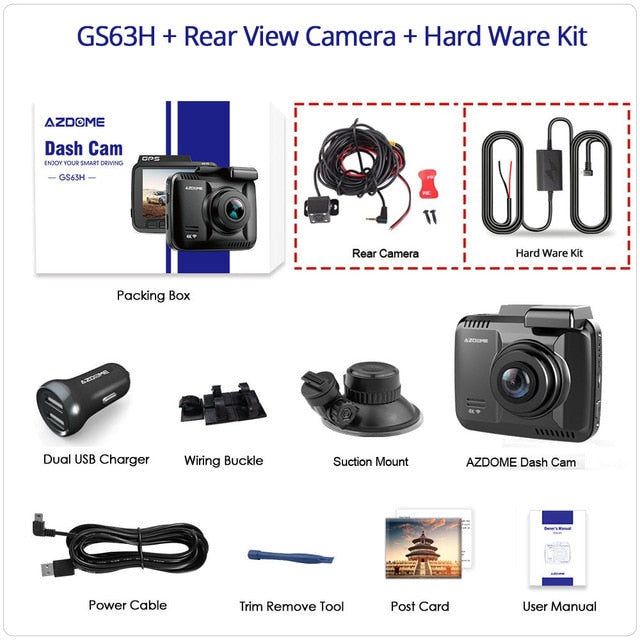 AZDOME Dash Cam GS63H 4K Built in GPS Speed Coordinates WiFi DVR Dual Lens Car Camera Dash Camera Night Vision Dashcam 24H Park GS63H-RVC-HWK - Tophatter Daily Deals