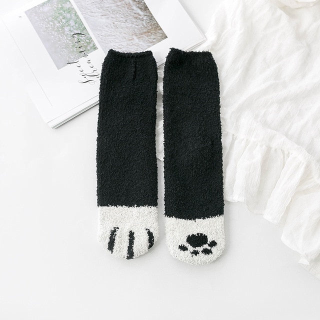 Fluffy Fuzzy Animal Cat Paw Print Socks Warm for Winter and Cold Weather Black White Animals - Tophatter Daily Deals