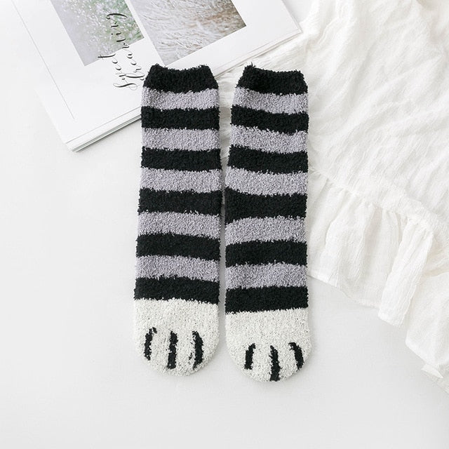 Fluffy Fuzzy Animal Cat Paw Print Socks Warm for Winter and Cold Weather Black Stripes Animals - Tophatter Daily Deals