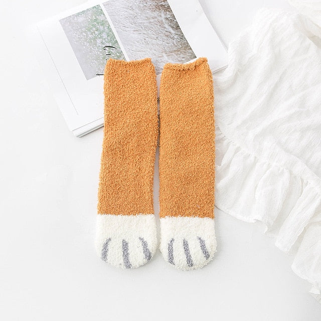 Fluffy Fuzzy Animal Cat Paw Print Socks Warm for Winter and Cold Weather Yellow White Animals - Tophatter Daily Deals