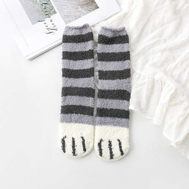 Fluffy Fuzzy Animal Cat Paw Print Socks Warm for Winter and Cold Weather Grey Stripes Animals - Tophatter Daily Deals