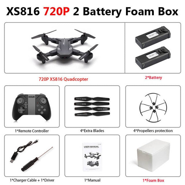 Visuo XS816 Foldable Drone with Dual Camera 4K WiFi FPV Selfie Wide Angle Optical Flow Positioning RC Quadcopter Helicopter Toys 720P 2 Battery Foam - Tophatter Daily Deals