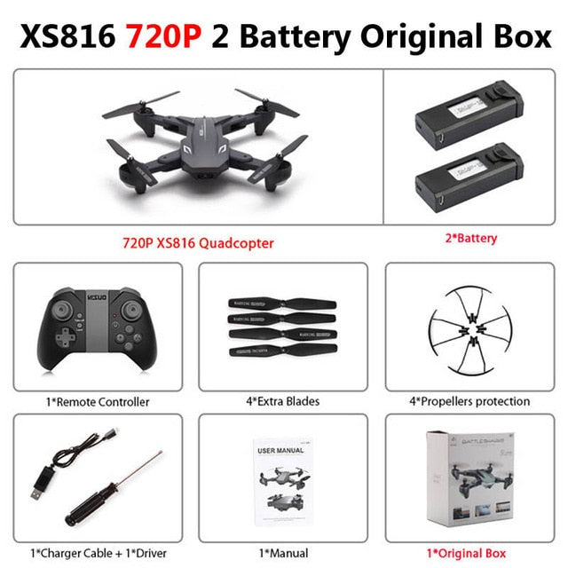 Visuo XS816 Foldable Drone with Dual Camera 4K WiFi FPV Selfie Wide Angle Optical Flow Positioning RC Quadcopter Helicopter Toys 720P 2 Battery Box - Tophatter Daily Deals