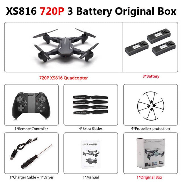 Visuo XS816 Foldable Drone with Dual Camera 4K WiFi FPV Selfie Wide Angle Optical Flow Positioning RC Quadcopter Helicopter Toys 720P 3 Battery Box - Tophatter Daily Deals