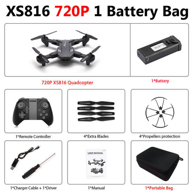 Visuo XS816 Foldable Drone with Dual Camera 4K WiFi FPV Selfie Wide Angle Optical Flow Positioning RC Quadcopter Helicopter Toys 720P 1 Battery Bag - Tophatter Daily Deals