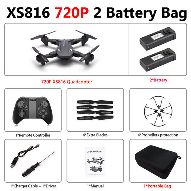 Visuo XS816 Foldable Drone with Dual Camera 4K WiFi FPV Selfie Wide Angle Optical Flow Positioning RC Quadcopter Helicopter Toys 720P 2 Battery Bag - Tophatter Daily Deals