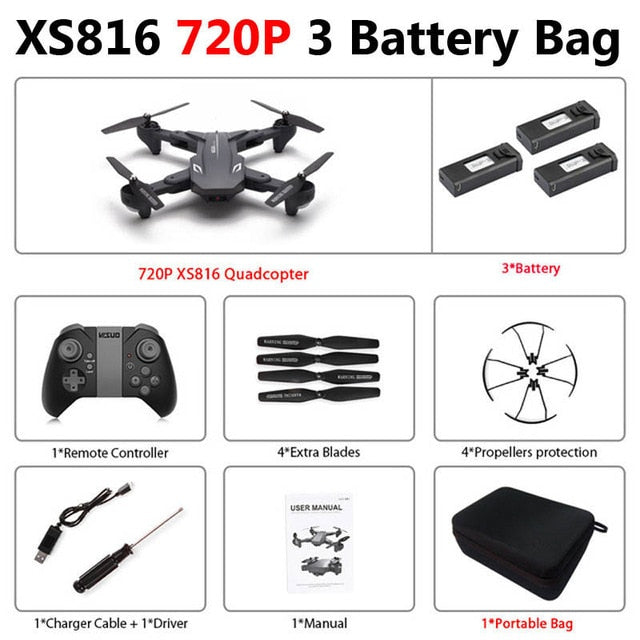Visuo XS816 Foldable Drone with Dual Camera 4K WiFi FPV Selfie Wide Angle Optical Flow Positioning RC Quadcopter Helicopter Toys 720P 3 Battery Bag - Tophatter Daily Deals