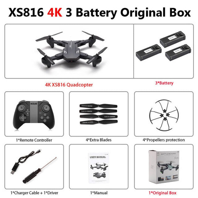 Visuo XS816 Foldable Drone with Dual Camera 4K WiFi FPV Selfie Wide Angle Optical Flow Positioning RC Quadcopter Helicopter Toys 4K 3 Battery Box - Tophatter Daily Deals