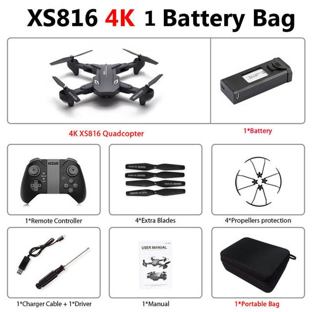 Visuo XS816 Foldable Drone with Dual Camera 4K WiFi FPV Selfie Wide Angle Optical Flow Positioning RC Quadcopter Helicopter Toys 4K 1 Battery Bag - Tophatter Daily Deals