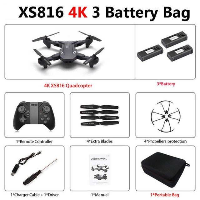 Visuo XS816 Foldable Drone with Dual Camera 4K WiFi FPV Selfie Wide Angle Optical Flow Positioning RC Quadcopter Helicopter Toys 4K 3 Battery Bag - Tophatter Daily Deals