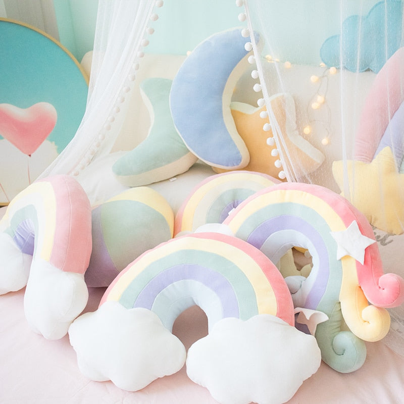Pastel Rainbow Cloud Plush Moon Multicoloured Stripey Candy Star Moon Plush Rainbows - Tophatter Daily Deals
