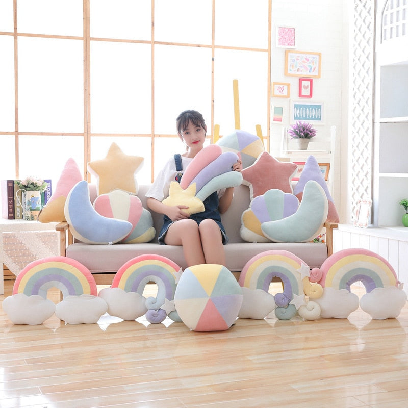 Pastel Rainbow Cloud Plush Moon Multicoloured Stripey Candy Star Moon Plush Rainbows - Tophatter Daily Deals