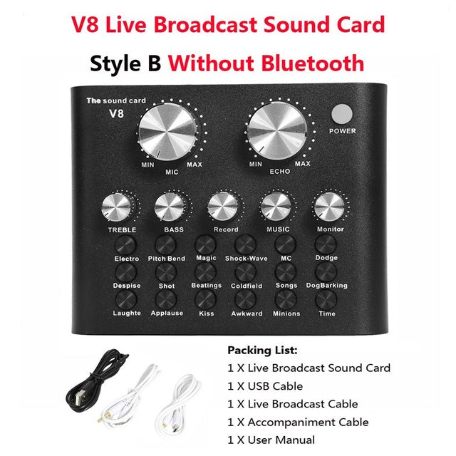 V8 Bluetooth Audio USB Headset Microphone Webcast Live Sound Card 112 kinds of electric sound Broadcast for Phone Computer PC V8 Style B Black - Tophatter Daily Deals